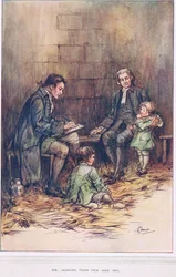 Mr Jenkins tollat és tintát vett, illusztrációja Oliver Goldsmith „The Vicar of Wakefield” című könyvéből, 1910 körül